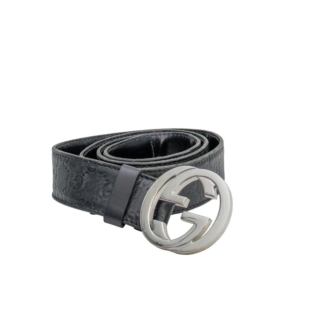 Gucci Men's Interlocking GG Belt Black Leather‎ Silver Buckle Size 95/38